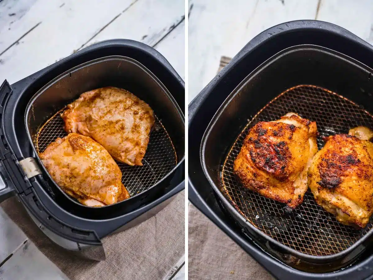 Uncooked and cooked chicken in air fryer