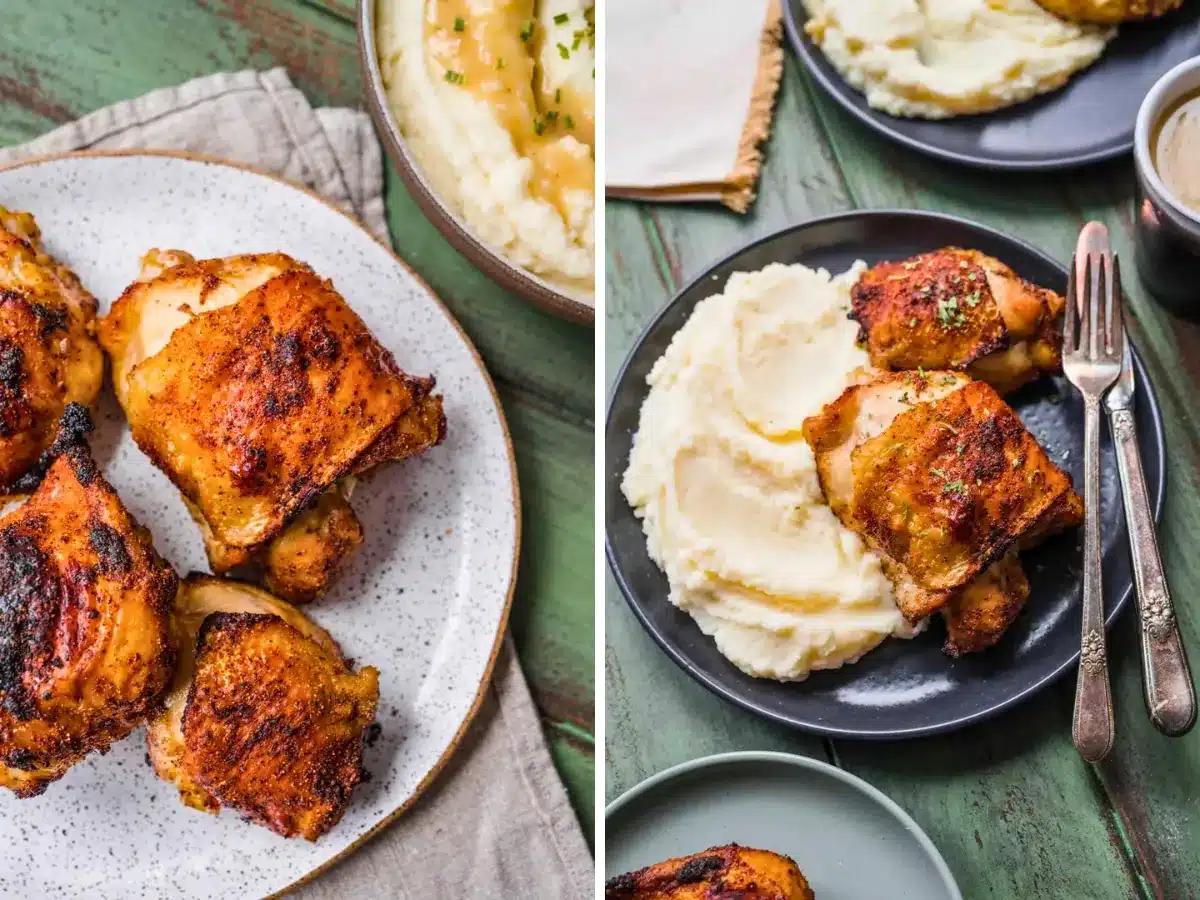 Collage of chicken on plate and chicken with mashed potatoes