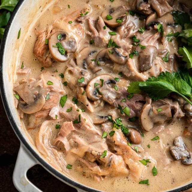 Creamy Garlic Mushroom Sauce finished in pot and garnished with herbs. 1x1