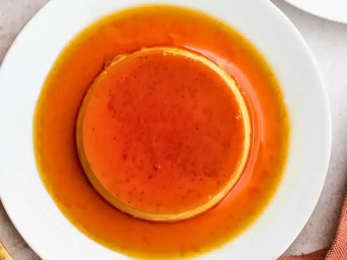 Top view of caramel covered custard