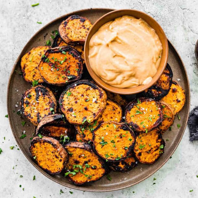 Grilled Sweet Potatoes on plate with dipping sauce