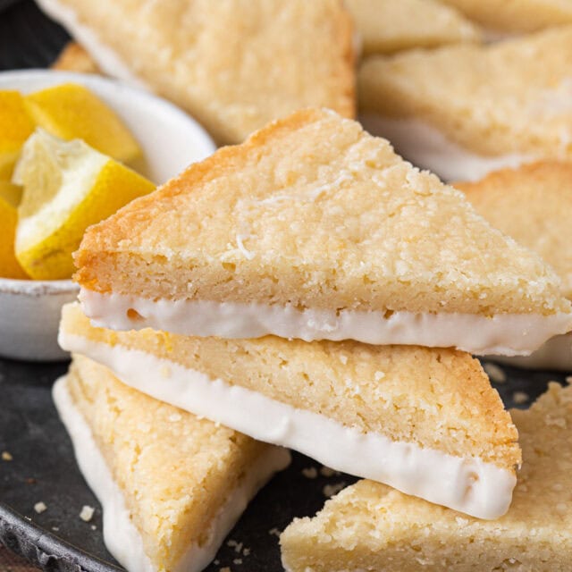 Triangle shaped cookies, dipped in almond frosting.