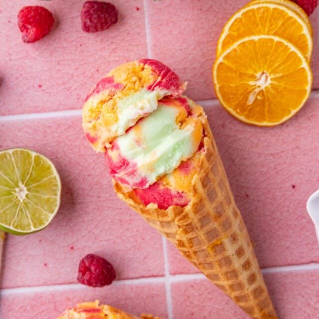Lime Sherbet mixed with other sherbet flavors to make rainbow Sherbet in waffle cone. 1x1