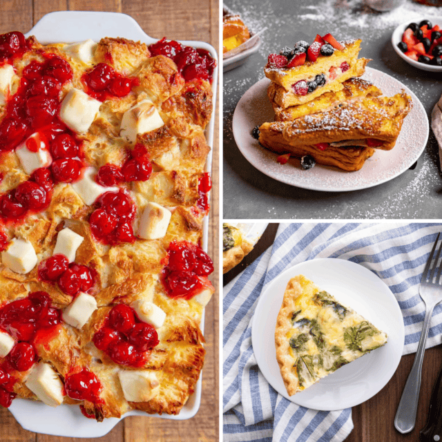 3 image grid collage with cherry danish bake, berry stuffed french toast, and spinach quiche