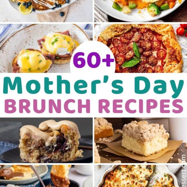 Mother's Day Brunch Recipes collage with assorted recipes around title in center, 1x1