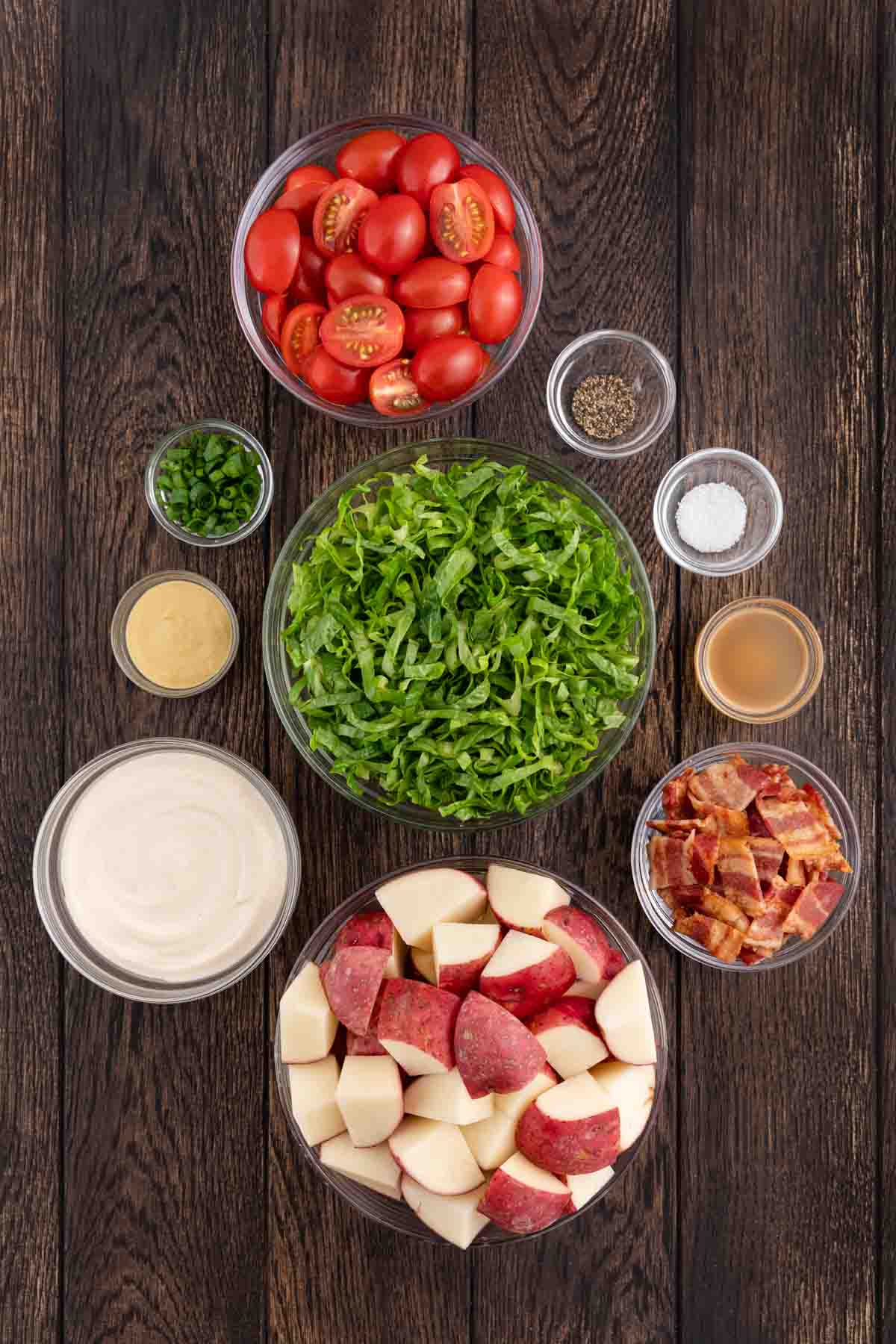Portioned ingredients for BLT Potato Salad