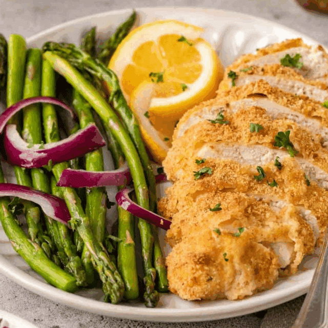 Served on plate with green beans