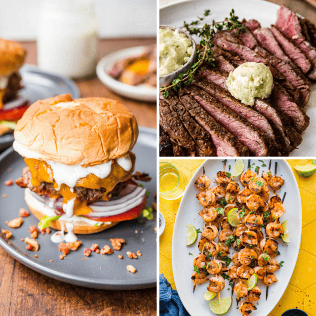 3 image grid of cheddar ranch burger, ribeye steak, and grilled shrimp