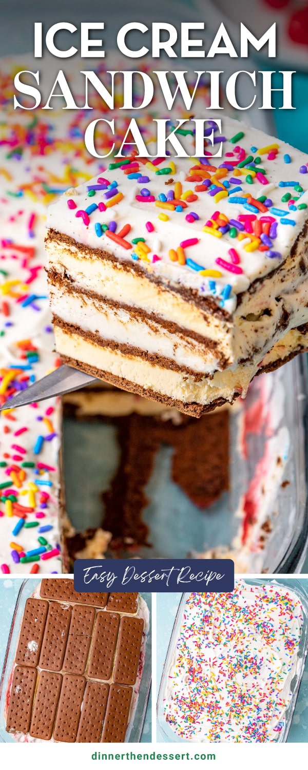 Ice Cream Sandwich Cake finished slice on server with remaining cake in casserole dish in background. Recipe name across top.