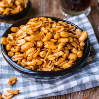 Hot Peanuts finished in bowl on blue checked napkin 4x3