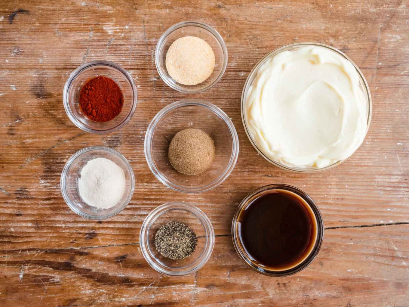 Pub Sauce ingredients laid out in separate prep bowls.