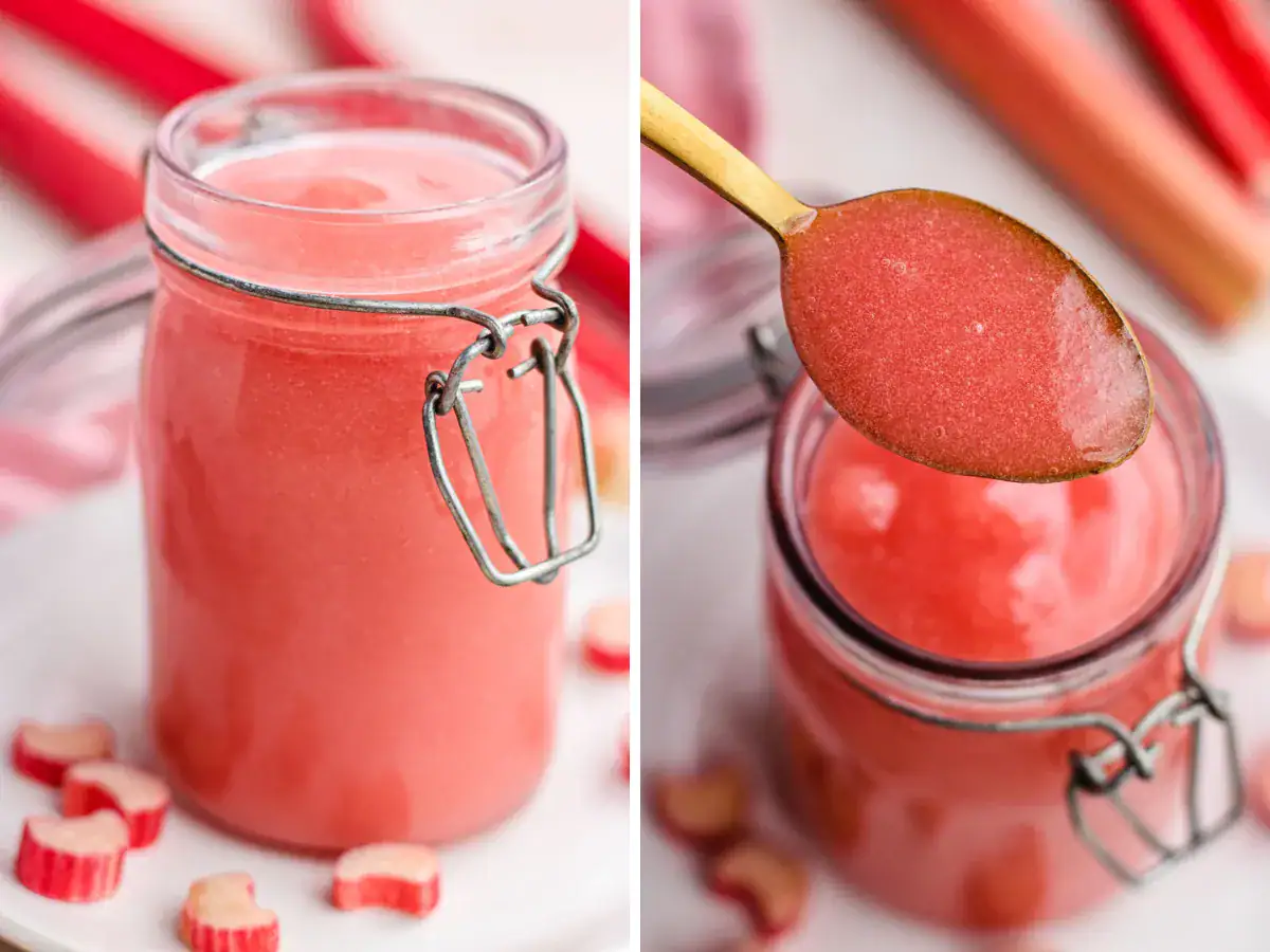 Collage of sauce in jar and spoon