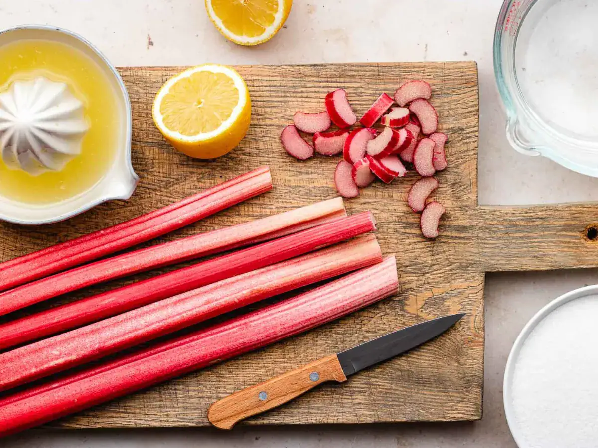 rhubarb stalks on a cutting board