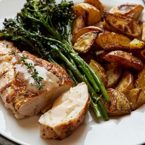 Chicken on a plate with greens and potatoes