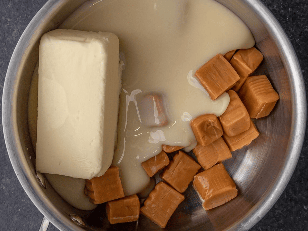butter, caramel, and condensed milk in pan