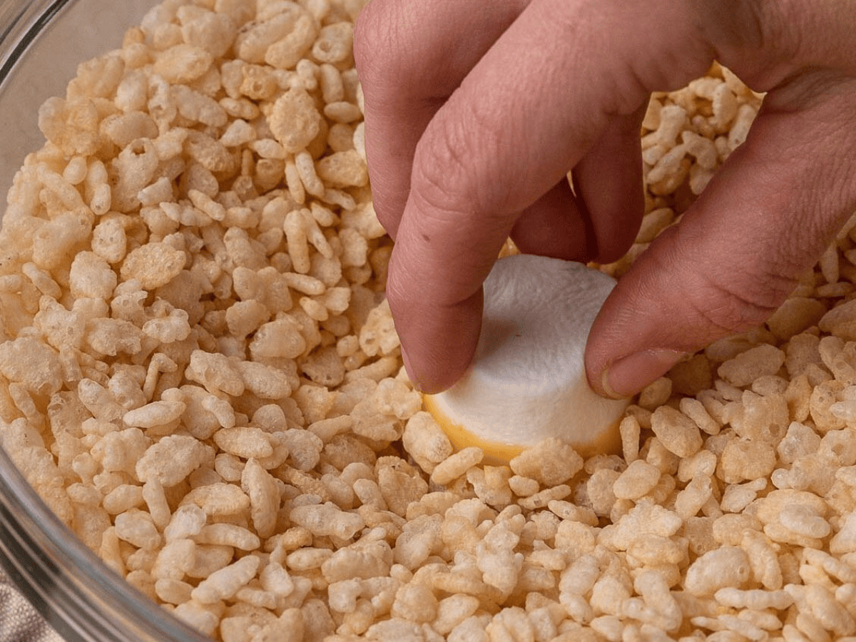 dipping marshmallow into rice crispies