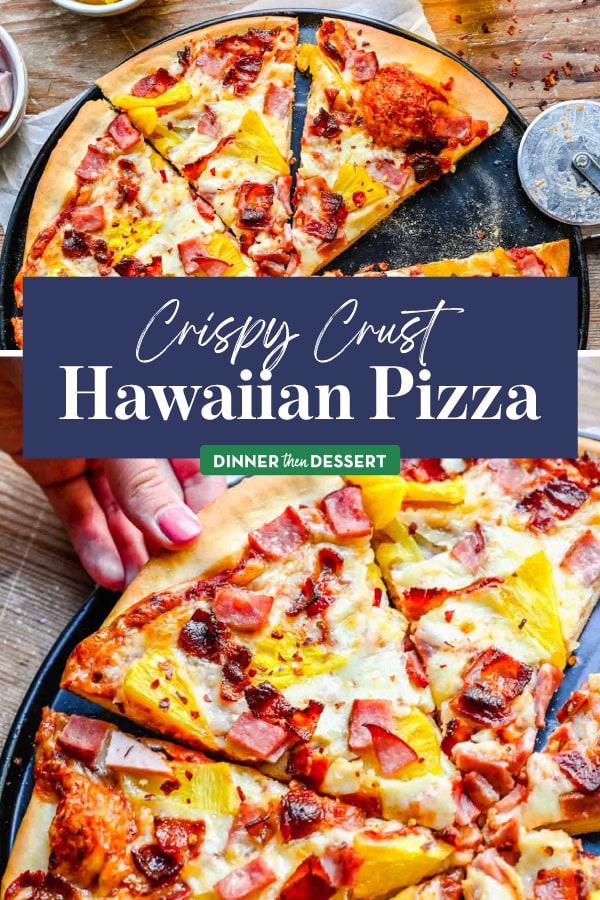 Image of homemade pizza recipe name across center in blue banner. 