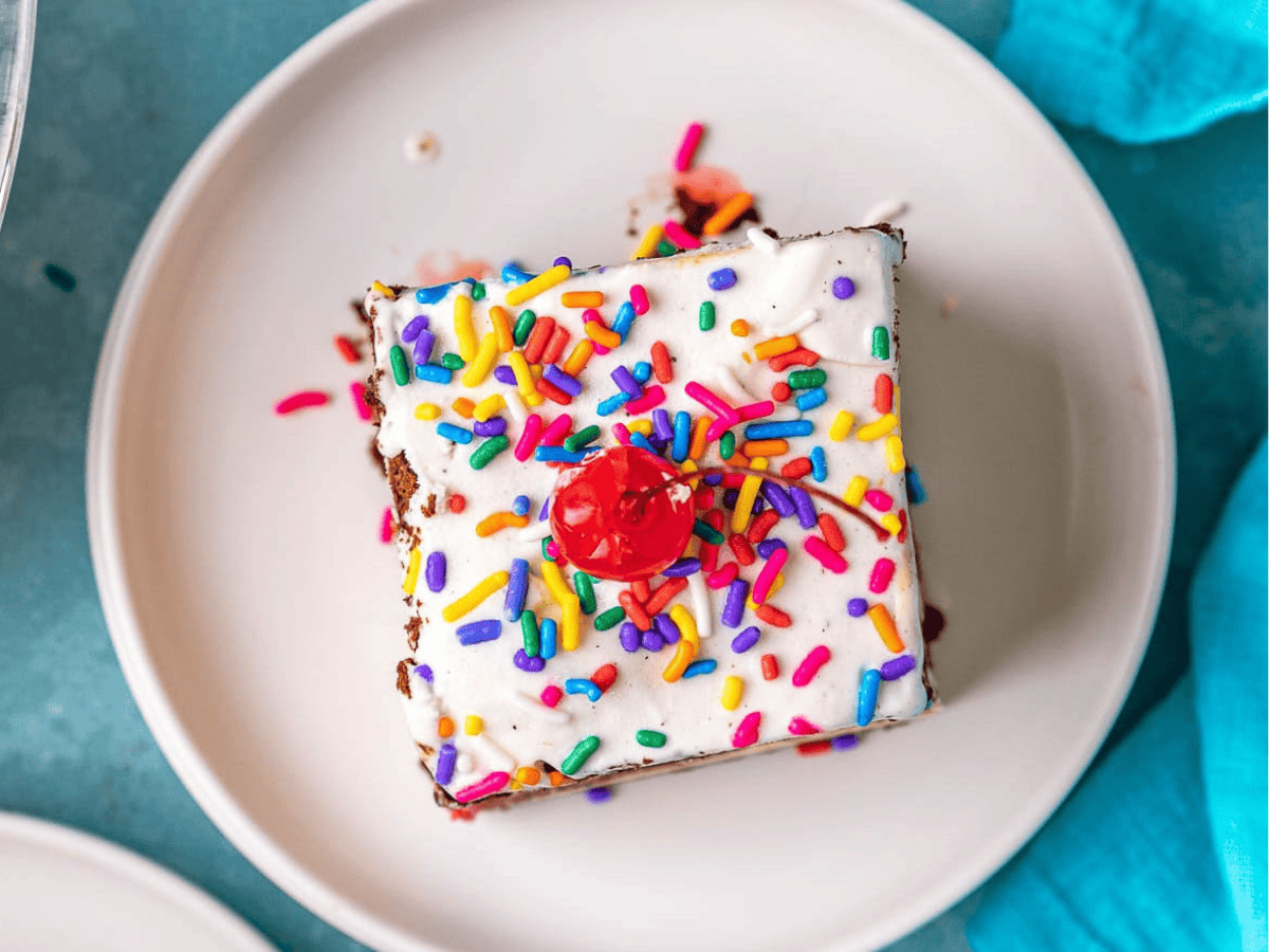 Top view of cake with a cherry on top