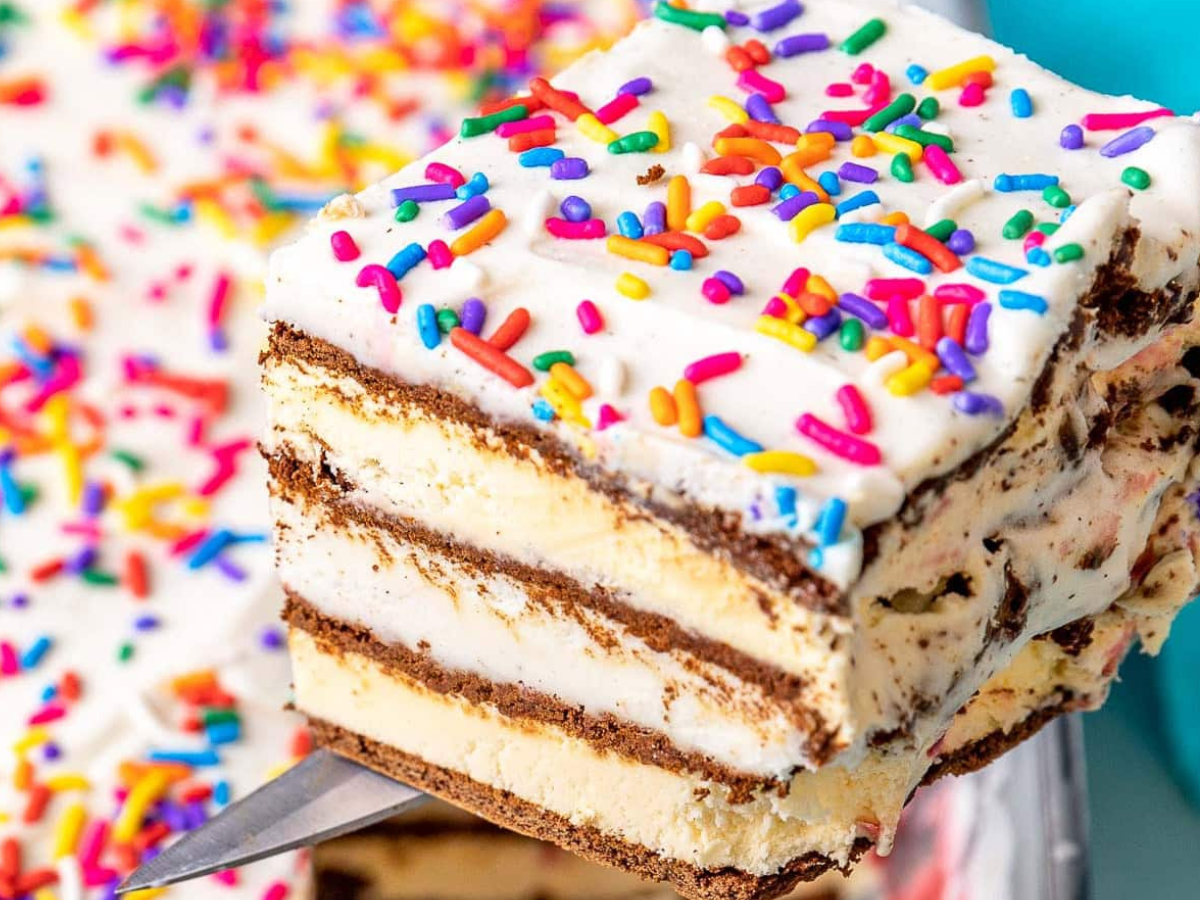 View of cake slice showing layers