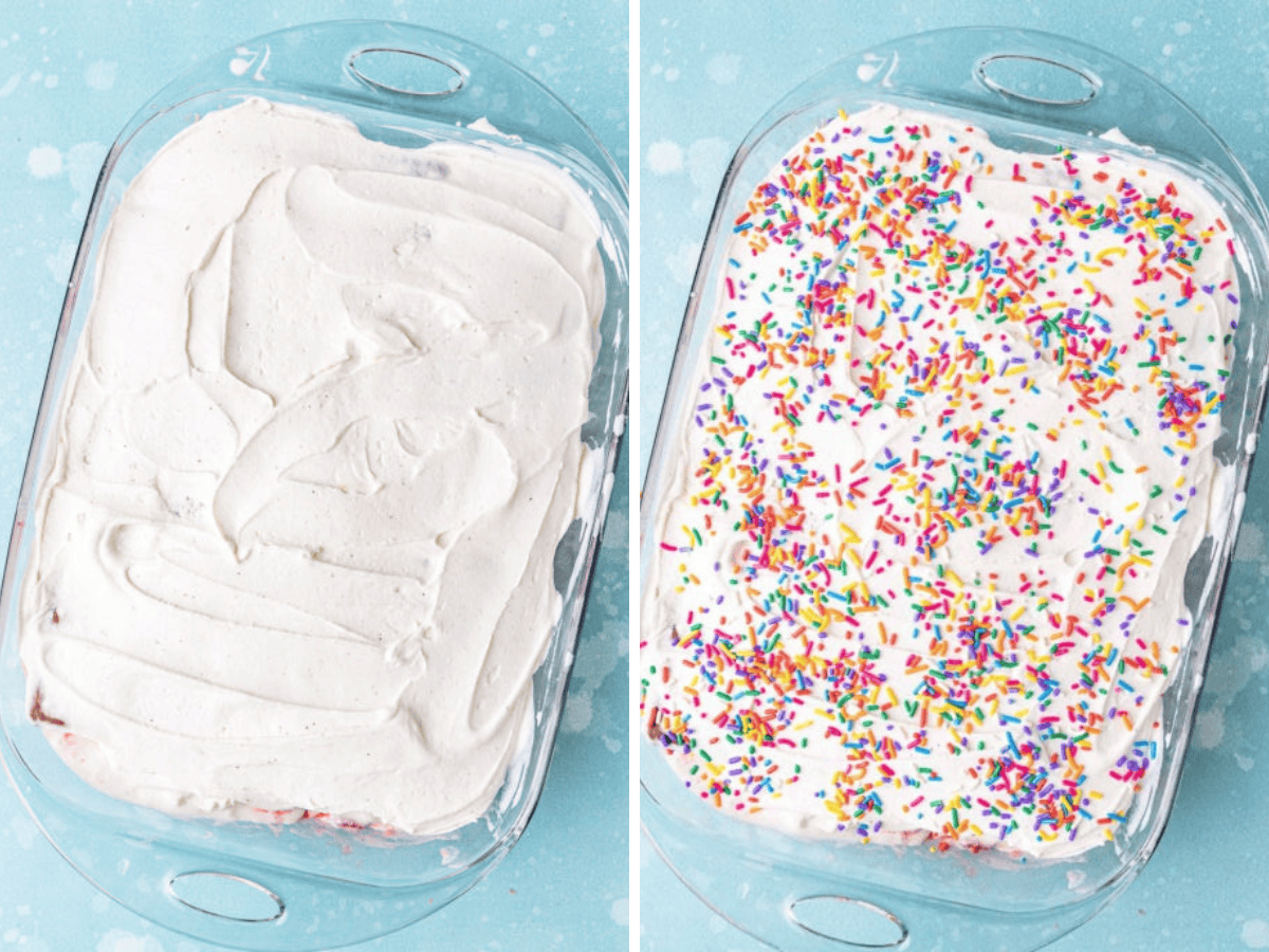 Collage of cake with frosting and sprinkles