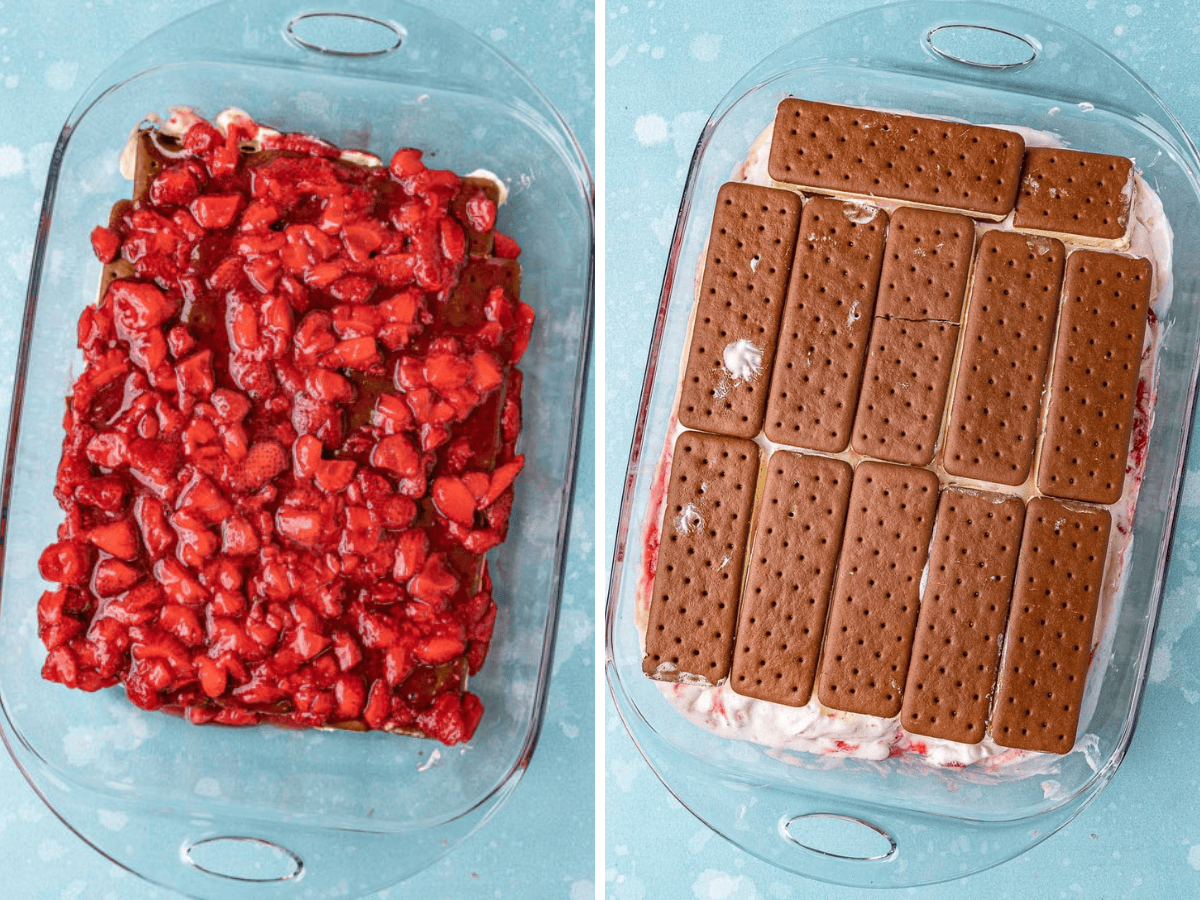 Collage of cake being assembled