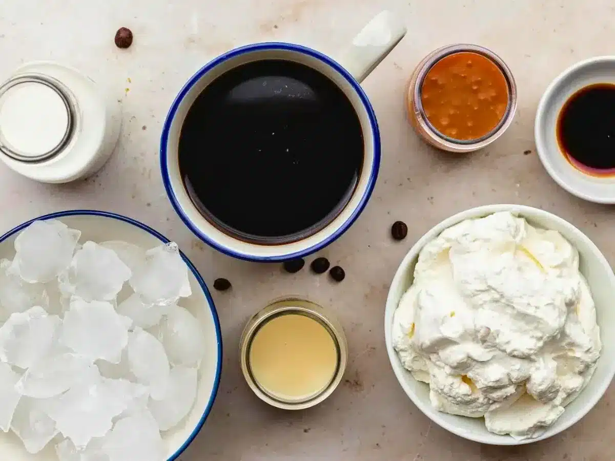 Caramel drink ingredients in bowls