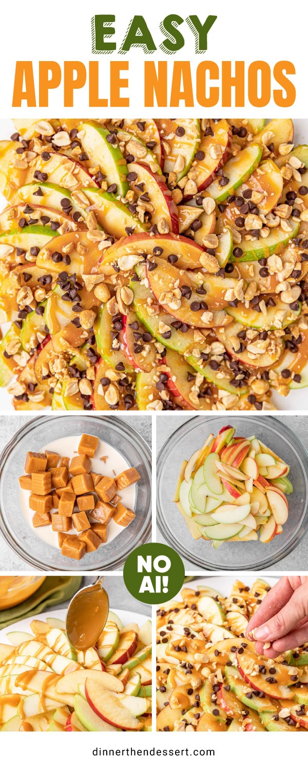 Sliced apples plated fanned out with caramel and toppings close up. Recipe Name in white banner at top.