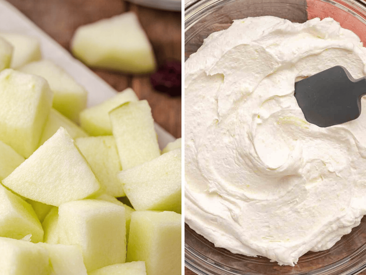 Collage of diced apples and cool whip