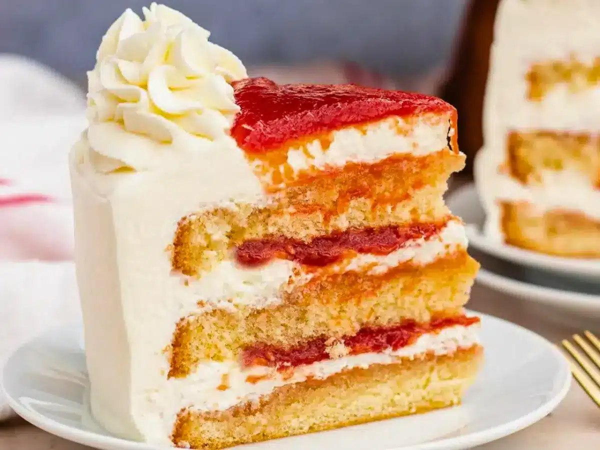 Slice of layer cake with fruit sauce