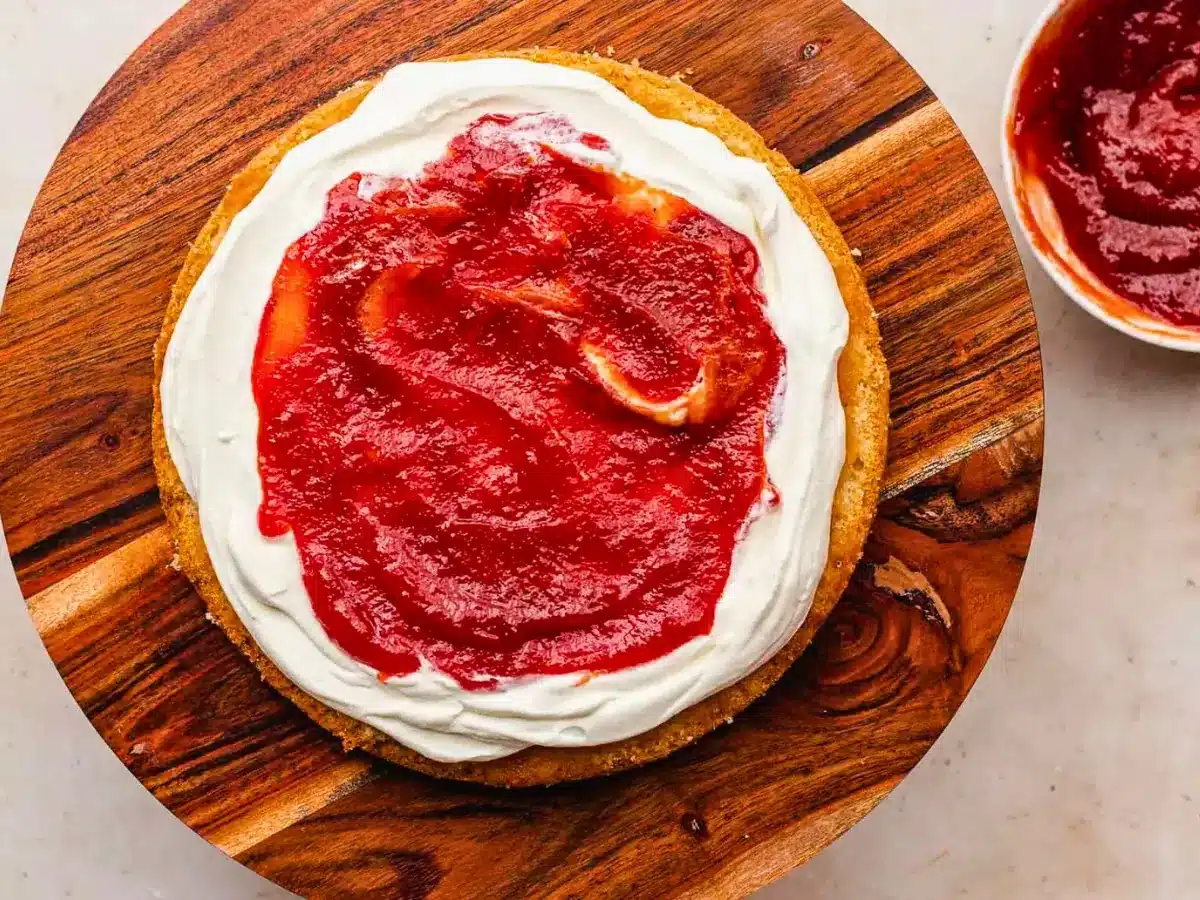 Cake with frosting and fruit sauce