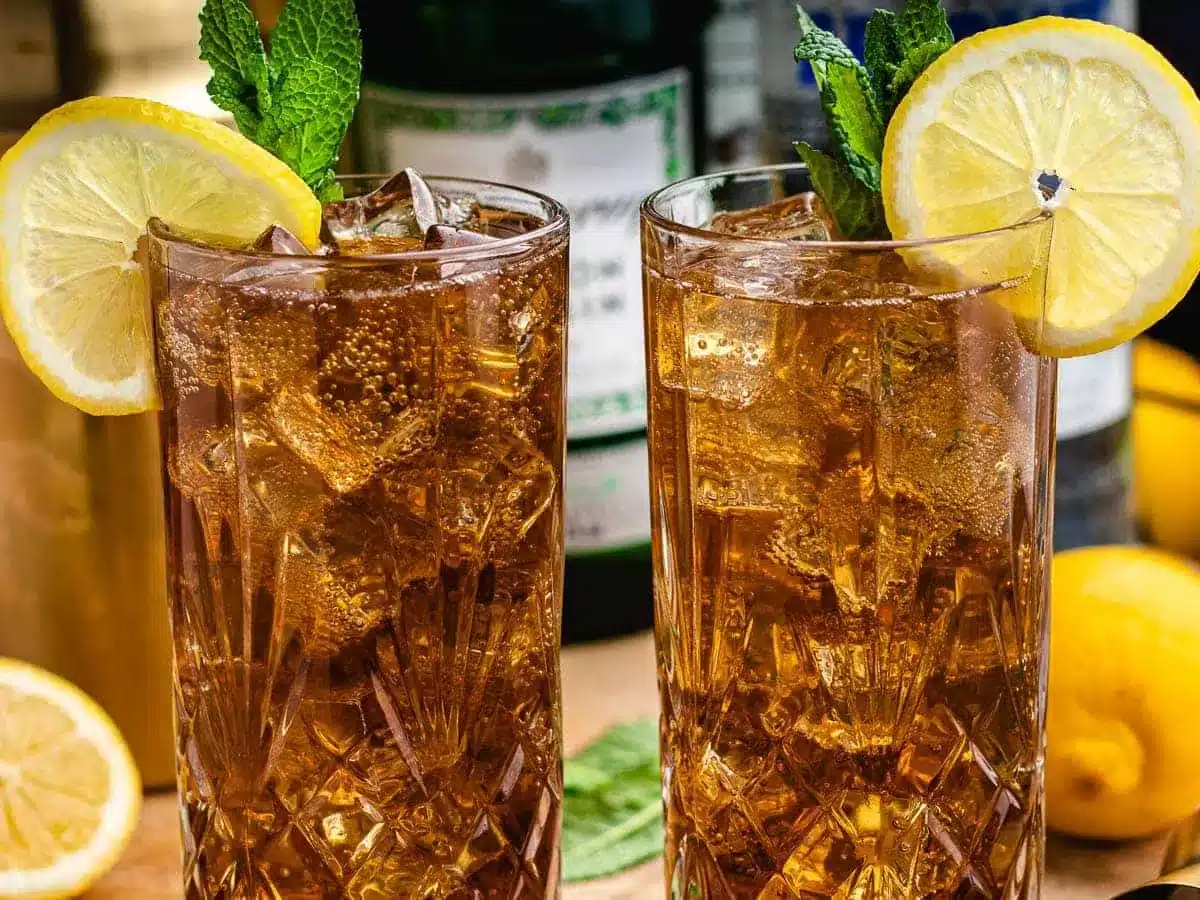 two drinks with lemons in glasses