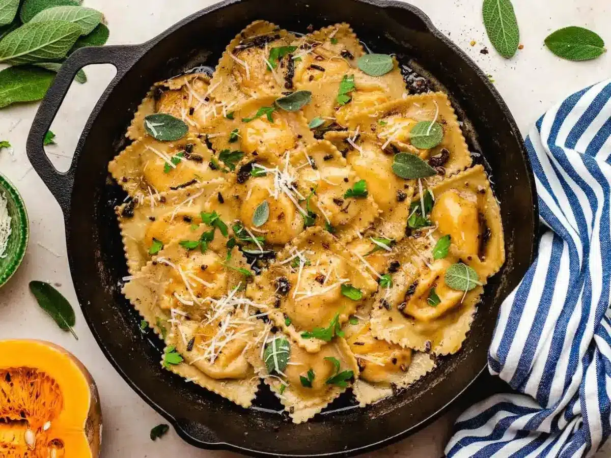Top view of ravioli in a black pan