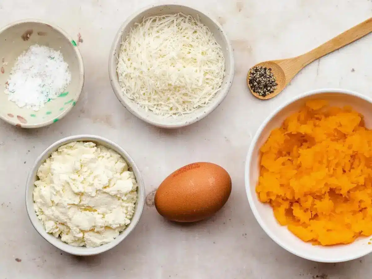 Ingredients for ravioli separated in separate containers