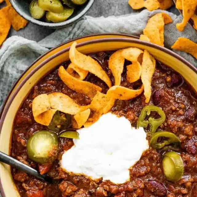 Chili in bowl with toppings