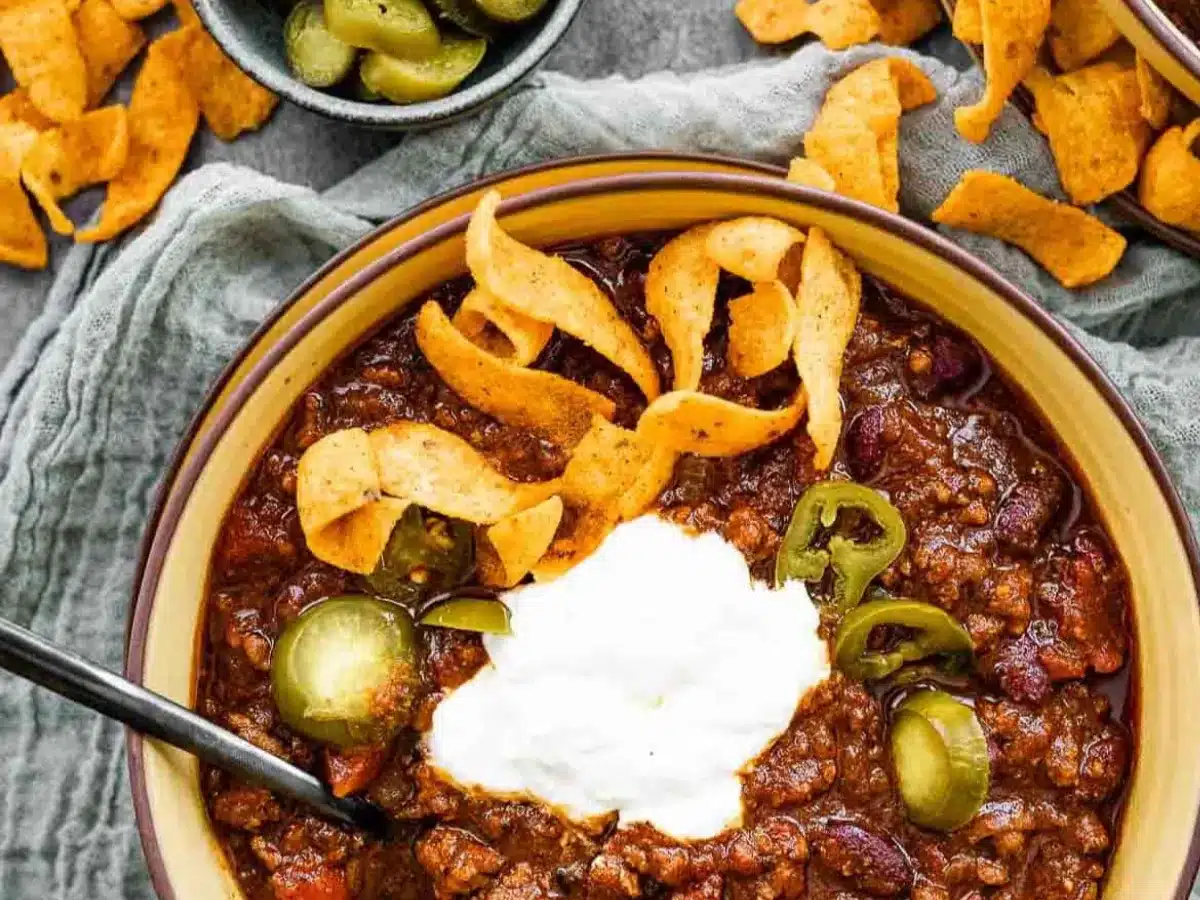Chili in bowl with toppings