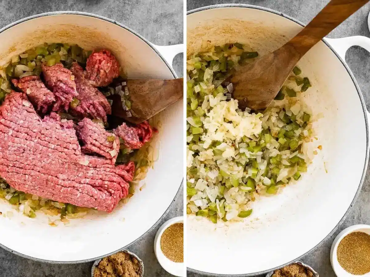 Collage of meat and other ingredients in pot