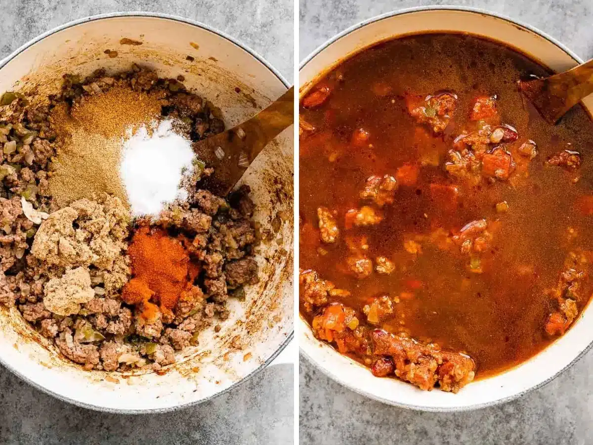 Collage of ingredients for chili mixed in pot