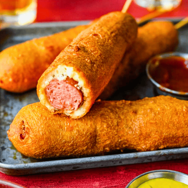 battered franks on a baking sheet with one bitten into it