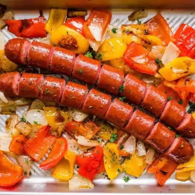 sausage and peppers on a sheet tray