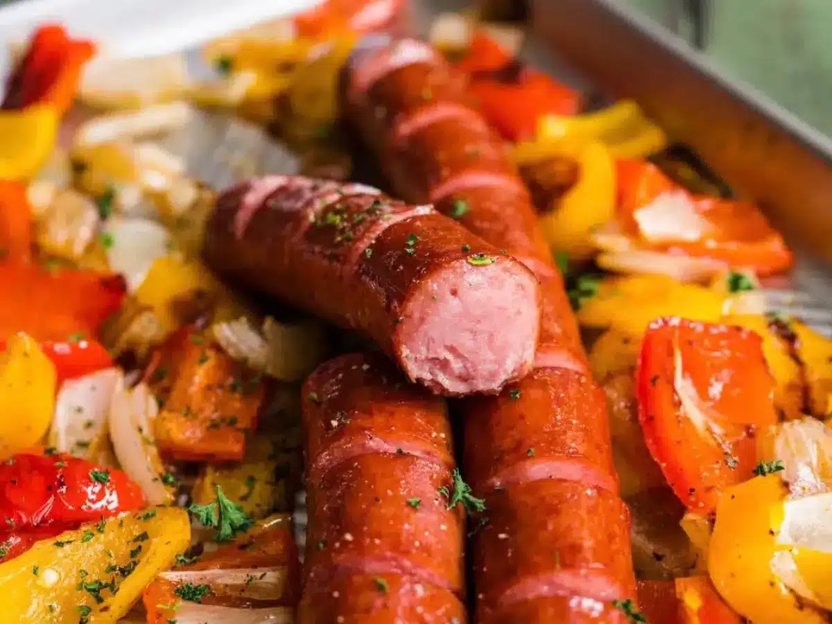 cooked sausage, peppers and onions on a sheet pan