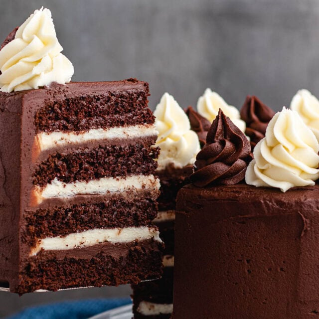 Large slice of tuxedo cake on a serving knife.