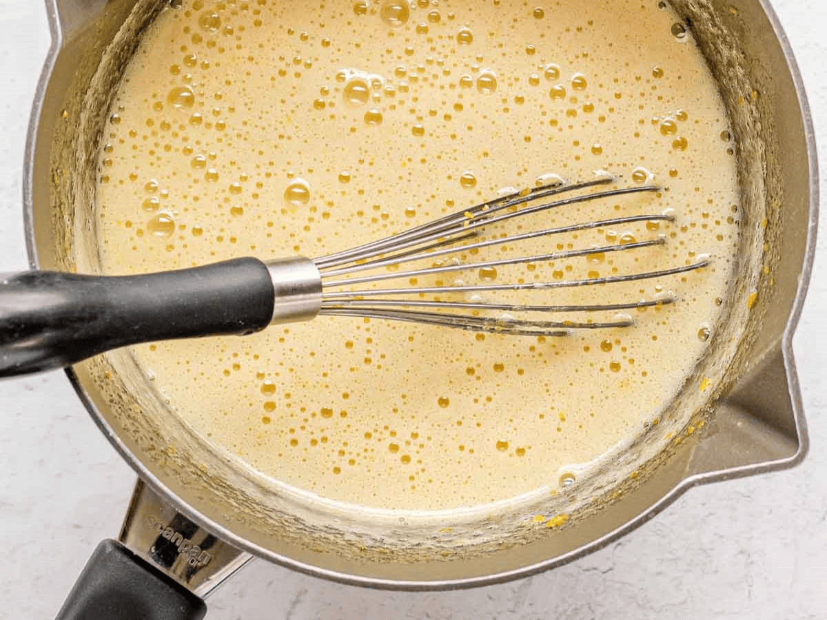 Tempered egg mixture in a pan