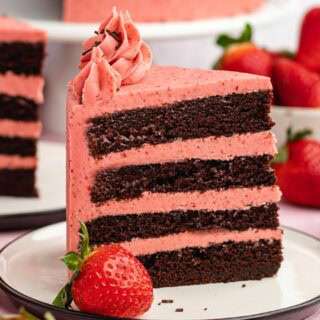 slice of chocolate strawberry cake on plate 4x3