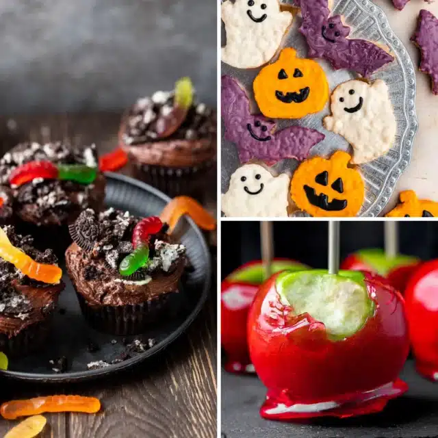Collage of Halloween-themed cupcakes, rice krispies, and apples