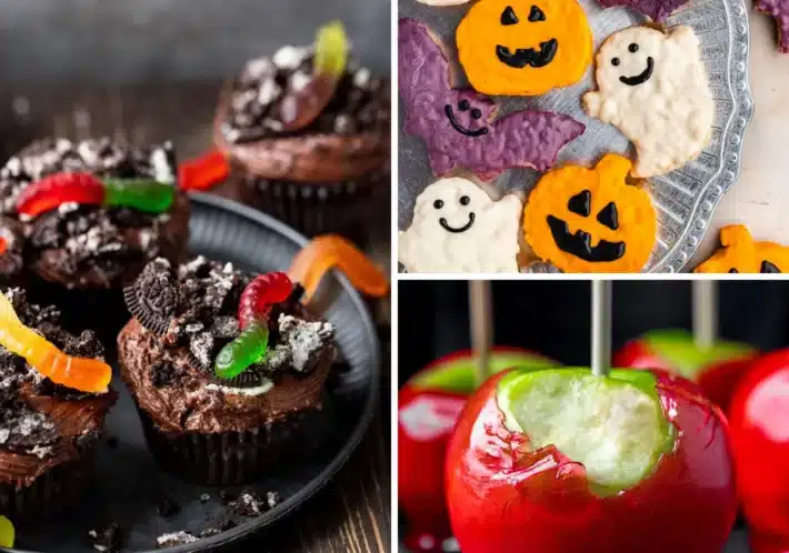 Collage of Halloween-themed cupcakes, rice krispies, and apples