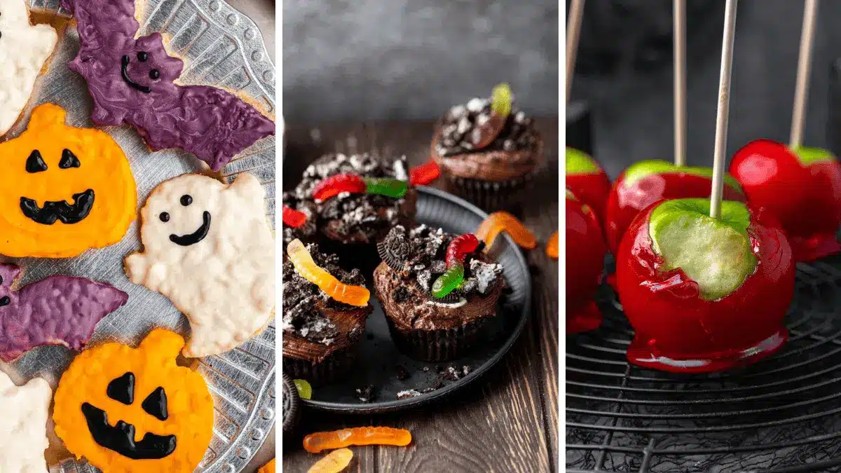 Photo collage of three Halloween dessert recipes, rice krispie treats, dirt cupcakes, and candied apples. 