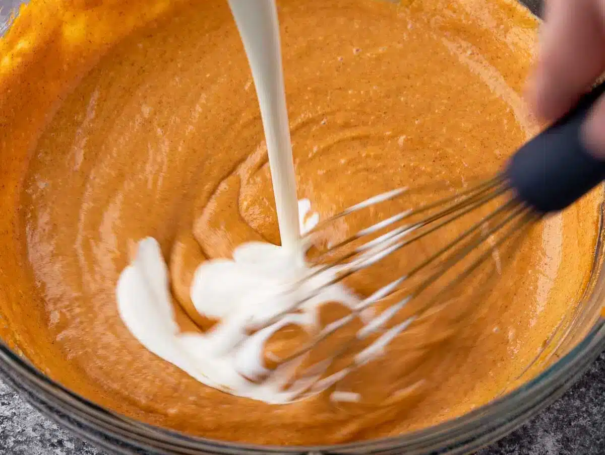 adding cream to pumpkin mixture