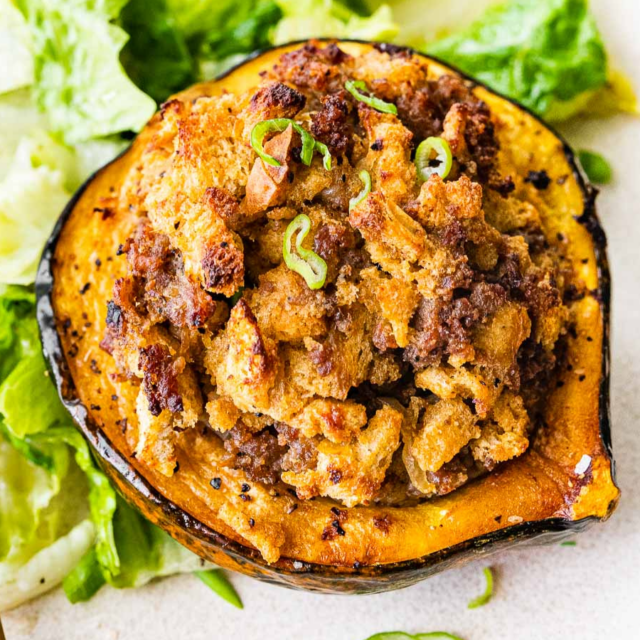 Stuffed acorn on dish with fork