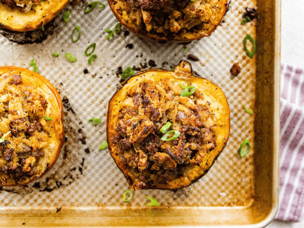 Closeup of acorn out of oven on baking sheet