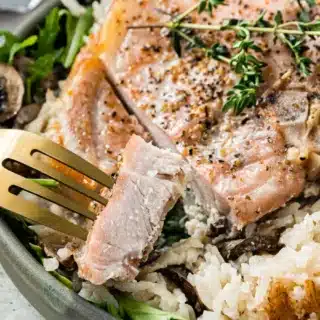 Baked pork on dinner plate with fork.